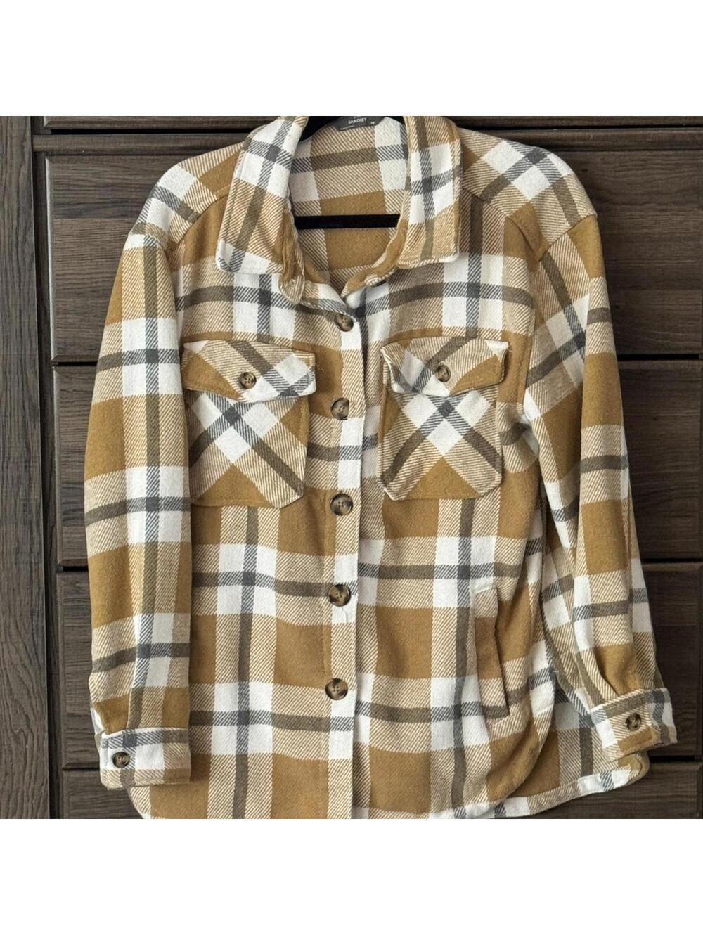 Tan and brown plaid button up flannel shacket